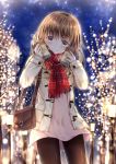  1girl bag bare_tree black_legwear blush brown_eyes brown_hair can christmas_lights coat drink handbag highres holding holding_can lamppost looking_at_viewer maya_(tirolpop) night night_sky original outdoors pantyhose plaid plaid_scarf red_scarf scarf sky smile solo standing tree 