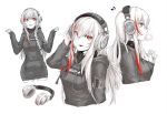  1girl absurdres alma01 braid bubble_blowing chewing_gum eighth_note fang girls_frontline headphones highres hood hood_down hoodie long_hair looking_at_viewer m4_sopmod_ii_(girls_frontline) monochrome multicolored_hair musical_note red_eyes redhead solo spoken_musical_note spot_color streaked_hair 