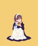  1girl :t anpan apron blue_eyes blush brown_hair drinking_straw eating food full_mouth looking_to_the_side maeya_susumu maid maid_apron maid_headdress milk milk_carton original puffy_cheeks short_hair signature simple_background sitting solo yellow_background 