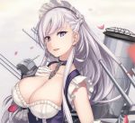  1girl apron azur_lane bangs belfast_(azur_lane) blue_eyes blush braid breasts cannon chains cleavage collar collarbone dress eyebrows_visible_through_hair french_braid frills gauntlets gloves large_breasts long_hair looking_at_viewer machinery maid maid_headdress open_mouth rigging rokuwata_tomoe sidelocks silver_hair smile solo upper_body white_gloves 