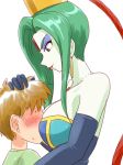  1girl age_difference atsugessho bishoujo_senshi_sailor_moon blue_eyes blush breast_smother breasts brown_hair cleavage faceless faceless_male forehead_jewel gloves green_hair green_skin jewelry lipstick long_hair makeup necklace ponytail supon white_background 