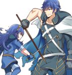  1boy 1girl asymmetrical_sleeves blue_eyes blue_footwear blue_gloves blue_hair boots brown_hairband cape child collarbone father_and_daughter fire_emblem fire_emblem:_kakusei floating_hair gloves grey_gloves hairband holding holding_sword holding_weapon krom long_hair lucina mejiro nintendo pants simple_background sweatdrop sword thigh-highs thigh_boots torn_cape weapon white_background white_cape 