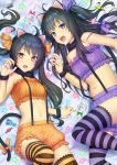  2girls animal_ears bangs bare_shoulders bed_sheet black_hair bloomers blue_eyes blush breasts candy cat_ears cat_girl cat_tail commentary_request daidai_jamu eyebrows_visible_through_hair fang fingernails food frills fur_collar halloween hand_up highres lace lace-trimmed_thighhighs lollipop long_hair looking_at_viewer lying midriff multiple_girls nail_polish navel on_back open_mouth orange_bloomers orange_nails original purple_bloomers purple_nails red_eyes small_breasts star striped striped_legwear suspenders swirl_lollipop tail thigh-highs underwear very_long_hair 