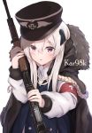  1girl absurdres armband bangs black_ribbon blue_jacket blush bolt_action brown_hat brown_jacket character_name collared_shirt commentary eyebrows_visible_through_hair fur-trimmed_jacket fur_trim girls_frontline gun hair_between_eyes hair_ribbon hand_up hat highres holding holding_gun holding_weapon iron_cross jacket jacket_on_shoulders kar98k_(girls_frontline) ky_(ky990533) long_hair long_sleeves looking_at_viewer mauser_98 military_hat object_namesake parted_lips peaked_cap red_eyes ribbon shirt simple_background solo weapon white_background white_hair white_shirt 