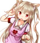  1girl animal_ear_fluff animal_ears apron arm_up armband bandage bandaged_arm bandages baram blush cat_ears cat_girl cat_tail collared_shirt dutch_angle fang fingernails heart kemonomimi_mode light_brown_hair long_hair looking_at_viewer nail_polish natori_sana open_mouth pink_apron puffy_short_sleeves puffy_sleeves red_eyes red_nails sana_channel shirt short_sleeves simple_background skirt solo tail tail_raised two_side_up very_long_hair virtual_youtuber white_background white_shirt white_skirt 