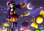  1girl bat breasts bug candy city dress fly flying food green_hair halloween hat insect large_breasts lollipop moon moonlight night orange_eyes pumpkin short_hair smile star witch 