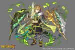  1girl boots braid cape circlet company_name copyright_name full_body fullbokko_heroes fur_trim gauntlets greaves green_cape grey_background holding holding_sword holding_weapon long_hair official_art plant pota_(bluegutty) solo sword very_long_hair vines weapon 