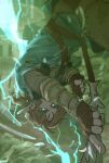  1boy blonde_hair blue_eyes bow_(weapon) choumame commentary_request fantasy fingerless_gloves gloves holding incoming_attack lightning link male_focus nintendo outstretched_arms pointy_ears short_sleeves the_legend_of_zelda the_legend_of_zelda:_breath_of_the_wild upside-down weapon 