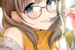  1girl bangs blue_eyes brown_hair closed_mouth commentary_request earrings eyebrows_visible_through_hair fingernails glasses holding holding_spoon jewelry light_blush light_smile long_hair looking_at_viewer necklace original self_shot solo spoon spoon_in_mouth tareme tsukana_(saba_mizore) 