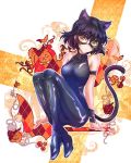  1girl animal_ears arm_ribbon black_hair blake_belladonna bodysuit cat_ears cat_tail domino_mask halloween highres iesupa knee_pads mask ribbon rwby solo tail yellow_eyes zipper 