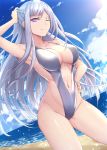  1girl absurdres ak-12_(girls_frontline) arm_up armpits bangs beach blue_sky blush braid breasts cleavage closed_mouth collarbone commentary_request dated day dutch_angle eyebrows_visible_through_hair french_braid girls_frontline groin hand_on_hip hand_on_own_head highres long_hair looking_at_viewer navel ocean one-piece_swimsuit one_eye_closed outdoors ribbon sand sidelocks signature silver_hair silver_swimsuit sky smile solo stomach swimsuit tareme very_long_hair zhishi_ge_fangzhang 