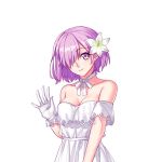  1girl arm_strap breasts choker cleavage collarbone dress eyebrows_visible_through_hair fate/grand_order fate_(series) female flower gloves hair_flower hair_ornament hair_over_one_eye looking_at_viewer mash_kyrielight medium_breasts pink_hair ribbon ribbon_choker short_hair simple_background smile solo strapless strapless_dress type-moon upper_body violet_eyes white_background white_dress white_flower white_gloves white_ribbon yaoshi_jun 