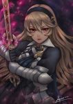  1girl armor blue_cape cape female_my_unit_(fire_emblem_if) fire_emblem fire_emblem_if gloves hair_between_eyes hair_ornament hairband highres kaejunni long_hair looking_at_viewer mamkute my_unit_(fire_emblem_if) nintendo pointy_ears red_eyes silver_hair solo sword weapon white_hair 