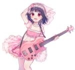  1girl :d arm_up bang_dream! bangs bass_guitar black_hair blush choker collarbone crop_top earrings esp_guitars flower hair_flower hair_ornament hairband hand_on_own_head highres holding holding_instrument instrument jewelry looking_at_viewer open_mouth pink_flower pink_skirt poyo_(shwjdddms249) red_eyes short_hair short_sleeves simple_background skirt smile solo ushigome_rimi veil white_background white_choker white_hairband 