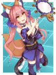  1girl absurdres animal_ear_fluff animal_ears bare_shoulders blue_legwear bow breasts cleavage detached_sleeves fang fate/extra fate/grand_order fate_(series) fox_ears fox_girl fox_tail hair_bow hair_ribbon highres japanese_clothes large_breasts looking_up mirror open_mouth pink_hair rachione ribbon solo suiten_nikkou_amaterasu_yanoshisu_ishi tail tamamo_(fate)_(all) tamamo_no_mae_(fate) yellow_eyes 