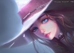  1girl artist_name blue_eyes brown_hair choker commentary dated english_commentary hat highres lips long_hair looking_at_viewer mars_foong nose original portrait simple_background solo 