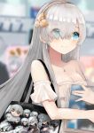  1girl anastasia_(fate/grand_order) arm_strap blue_eyes blurry blurry_background breasts cleavage eyebrows_visible_through_hair fate/grand_order fate_(series) floating_hair hair_over_one_eye hairband holding jewelry long_hair medium_breasts necklace silver_hair smile solo strapless upper_body very_long_hair you2_ug 