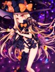  1girl abigail_williams_(fate/grand_order) asymmetrical_legwear bangs black_bow black_hat black_legwear black_panties blonde_hair blush bow bug butterfly closed_mouth commentary_request eyebrows_visible_through_hair fate/grand_order fate_(series) fingernails glint hat hat_bow head_tilt heart highres holding holding_key insect key keyhole knees_together_feet_apart leaning_forward long_hair looking_at_viewer navel orange_bow orii_(fsgp5252) oversized_object panties parted_bangs print_bow red_eyes revealing_clothes single_thighhigh smile solo space star star_(sky) star_print stuffed_animal stuffed_toy teddy_bear thigh-highs topless underwear very_long_hair witch_hat 