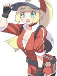  1girl backpack bag baseball_cap black_gloves blonde_hair breasts cleavage cosplay creatures_(company) female_protagonist_(pokemon_go) female_protagonist_(pokemon_go)_(cosplay) fingerless_gloves game_freak gloves green_eyes hand_on_headwear hat holding holding_poke_ball jacket lillie_(pokemon) long_hair medium_breasts naitou_kouse nintendo open_mouth poke_ball pokemon pokemon_(game) pokemon_go pokemon_sm ponytail short_sleeves simple_background solo white_background 