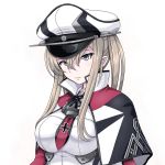  1girl anchor blonde_hair breasts capelet celtic_knot cross graf_zeppelin_(kantai_collection) grey_eyes hair_between_eyes hat highres iron_cross kantai_collection large_breasts long_sleeves military military_hat military_uniform necktie peaked_cap sidelocks simple_background solo tk8d32 twintails uniform upper_body white_background white_hat 