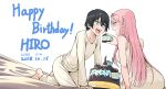  1boy 1girl all_fours aqua_eyes barefoot birthday_cake black_hair blue_horns cake chicke_iii darling_in_the_franxx dated feeding food hairband happy_birthday highres hiro_(darling_in_the_franxx) horns long_hair open_mouth pink_hair simple_background spoilers white_background zero_two_(darling_in_the_franxx) 