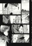  1boy 2girls cape comic greyscale highres japanese_clothes kimono long_sleeves medium_hair monochrome multiple_girls obi page_number sash sekibanki short_hair touhou urin 