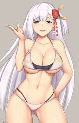  1girl arciealbano asymmetrical_hair azur_lane bangs bare_shoulders bikini blue_eyes blush breasts cloud_print collarbone eyebrows_visible_through_hair eyeliner grey_background hair_ornament hand_on_hip highres hips large_breasts layered_bikini long_hair looking_at_viewer makeup navel shoukaku_(azur_lane) silver_hair simple_background smile solo swimsuit thighs waist white_bikini 