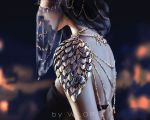  1girl artist_name bare_back black-haired_girl_(wlop) black_hair blurry blurry_background depth_of_field from_side ghostblade hair_over_shoulder head_out_of_frame highres jewelry lips long_hair parted_lips shoulder_armor solo veil wlop 