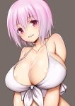  1girl bikini_top breasts brown_background collarbone eyebrows_visible_through_hair huge_breasts looking_at_viewer pink_hair red_eyes shinjou_akane short_hair simple_background smile solo ssss.gridman swimsuit toshishikisai upper_body white_bikini_top 