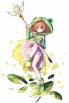  1girl antenna_hair boots brown_hair card_captor_sakura detached_sleeves eyebrows_visible_through_hair full_body green_coat green_eyes green_footwear hair_ornament hairclip holding holding_staff hooded_coat kinomoto_sakura long_sleeves looking_at_viewer shiny shiny_hair short_hair shorts shorts_under_skirt simple_background skirt sleeves solo staff white_background white_shorts white_skirt yaoshi_jun 