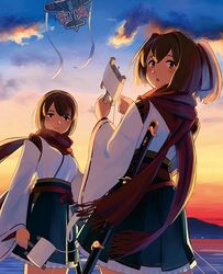  2girls adapted_uniform blue_hakama brown_eyes brown_hair detached_sleeves hair_ribbon hakama hyuuga_(kantai_collection) ise_(kantai_collection) japanese_clothes kantai_collection katana kimono kite looking_at_viewer looking_back medium_hair multiple_girls nontraditional_miko official_art pleated_skirt ponytail ribbon scarf shibafu_(glock23) short_hair skirt sword traditional_clothes weapon wide_sleeves 