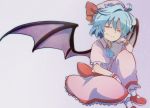  1girl absurdres ascot bat_wings blue_hair capelet center_frills commentary fang fang_out frilled_capelet frills hair_between_eyes hat highres looking_at_viewer mob_cap red_eyes red_footwear remilia_scarlet shoes short_hair short_sleeves simple_background sitting smile solo squinting touhou wings wrist_cuffs yutamaro 