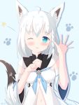  1girl ;3 absurdres ahoge animal_ear_fluff animal_ears arm_up bangs bare_shoulders blue_background blue_eyes blue_neckwear blush closed_mouth commentary_request detached_sleeves ear_piercing eyebrows_visible_through_hair fang fang_out fingernails fox_ears fox_girl fox_tail hair_between_eyes highres hololive liang_feng_qui_ye navel neckerchief one_eye_closed piercing shirakami_fubuki shirt short_sleeves signature silver_hair sleeveless sleeveless_shirt solo tail tail_raised upper_body virtual_youtuber white_shirt white_sleeves wide_sleeves 