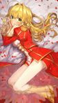  1girl absurdres armored_boots bed_sheet blonde_hair boots chinanan eyebrows_visible_through_hair fate/extra fate_(series) green_eyes high_heel_boots high_heels highres long_hair looking_at_viewer lying nero_claudius_(fate) nero_claudius_(fate)_(all) on_side petals see-through shiny shiny_hair smile solo yellow_footwear 