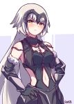  1girl absurdres artist_name blush breasts chains cleavage cowboy_shot elbow_gloves fate/grand_order fate_(series) fur-trimmed_gloves fur_trim gloves grey_hair hair_between_eyes hands_on_hips headpiece highres jeanne_d&#039;arc_(alter)_(fate) jeanne_d&#039;arc_(fate)_(all) long_hair medium_breasts navel navel_cutout side_cutout solo tegar32 yellow_eyes 