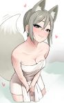  1girl animal_ear_fluff animal_ears bare_arms bare_shoulders bath between_legs black_eyes blush breasts cinderella_girls_gekijou cleavage closed_mouth cowboy_shot eyebrows_visible_through_hair female fox_ears fox_tail from_above grey_hair hair_between_eyes half-closed_eyes hand_between_legs head_tilt heart highres holding holding_towel idolmaster idolmaster_cinderella_girls idolmaster_cinderella_girls_starlight_stage kemonomimi_mode leaning leaning_forward light_smile lips looking_at_viewer medium_breasts naked_towel neck omaru_gyuunyuu onsen shiomi_shuuko short_hair solo standing steam tail towel wading water wet white_towel 