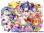  1girl :d animal_ears bandage blue_hair blush bow breasts candy cat_ears checkerboard_cookie chocolate_bar cookie copyright_name doughnut drum drumsticks fantasy flute food food_themed_hair_ornament full_moon gloves hair_ornament hakuda_tofu halloween instrument jelly_bean knee_up lollipop medium_breasts monster_girl monster_master_x moon navel official_art open_mouth paw_gloves paws pumpkin_hair_ornament red_bow smile twintails violet_eyes wrapped_candy 