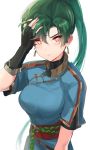  1girl breasts closed_mouth dress earrings eyebrows_visible_through_hair fingerless_gloves fire_emblem fire_emblem:_rekka_no_ken gloves glowing glowing_eyes green_hair hand_in_hair highres jewelry large_breasts long_hair looking_at_viewer lyndis_(fire_emblem) nintendo ormille ponytail red_eyes rope_belt sash shirt_under_dress short_sleeves simple_background solo super_smash_bros. super_smash_bros._ultimate turtleneck very_long_hair white_background 