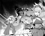  1boy 1girl assassin_(fate/stay_night) dual_wielding duel earrings fate/grand_order fate_(series) greyscale highres holding holding_sword holding_weapon japanese_clothes jewelry katana miyamoto_musashi_(fate/grand_order) monochrome obi ootachi ponytail sash sword weapon yoshiki360 