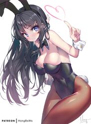  1girl 3: animal_ears bare_shoulders black_hair blue_eyes blush bow bowtie breasts brown_legwear bunny_girl bunny_tail bunnysuit cleavage covered_navel cowboy_shot detached_collar eyebrows_visible_through_hair fake_animal_ears fingernails hair_ornament hairband hairclip hong_(white_spider) index_finger_raised large_breasts leotard long_fingernails long_hair pantyhose rabbit_ears sakurajima_mai seishun_buta_yarou sidelocks simple_background solo tail white_background wrist_cuffs 