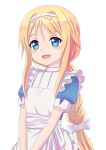  1girl :d alice_schuberg apron bangs blonde_hair blue_dress blue_eyes blush bow braid commentary_request dress eyebrows_visible_through_hair frilled_apron frills hair_between_eyes hair_bow head_tilt highres jd_(bibirijd) long_hair open_mouth puffy_short_sleeves puffy_sleeves short_sleeves sidelocks single_braid smile solo sword_art_online upper_body v_arms very_long_hair white_apron white_bow 