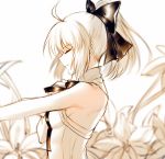  1girl ahoge artoria_pendragon_(all) black_bow black_ribbon bow breasts choker closed_eyes eyebrows_visible_through_hair fate/unlimited_codes fate_(series) flower from_side hair_between_eyes hair_bow high_ponytail lily_(flower) long_hair neck_ribbon ribbon saber_lily sideboob silver_hair small_breasts smile solo upper_body white_background white_flower yaoshi_jun 