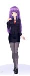  1girl absurdres alternate_costume black_footwear black_legwear blush breasts collar cosplay danraz0r eyebrows_visible_through_hair full_body highres long_hair looking_at_viewer medium_breasts necktie open_mouth patchouli_knowledge purple_hair red_neckwear reisen_udongein_inaba reisen_udongein_inaba_(cosplay) school_uniform shadow shoes simple_background solo touhou very_long_hair violet_eyes white_background 