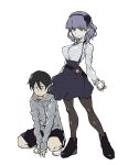  1boy 1girl bangs belt between_legs black_hair blue_eyes blunt_bangs boots breasts collared_shirt commentary creatures_(company) dagashi_kashi flower full_body game_freak grey_jacket hair_between_eyes hair_flower hair_ornament hairband hand_between_legs high_heels highres holding holding_poke_ball jacket kotoyama large_breasts lavender_hair long_sleeves medium_hair nintendo pantyhose parody poke_ball pokemon pokemon_trainer purple_skirt shidare_hotaru shikada_kokonotsu shirt shorts skirt squatting standing suspender_skirt suspenders white_background white_shirt 