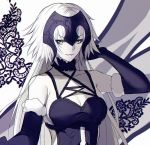  1girl black_gloves breasts cleavage collarbone elbow_gloves eyebrows_visible_through_hair fate/grand_order fate_(series) fur_trim gloves headpiece jeanne_d&#039;arc_(alter)_(fate) jeanne_d&#039;arc_(fate)_(all) long_hair looking_at_viewer medium_breasts parted_lips sideboob silver_hair solo upper_body very_long_hair white_background yaoshi_jun yellow_eyes 