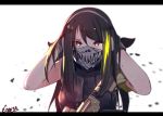  1girl absurdres adjusting_hair artist_name assault_rifle brown_eyes brown_hair face_mask girls_frontline gloves gun hair_between_eyes highres letterboxed m4_carbine m4a1_(girls_frontline) mask rifle solo tegar32 upper_body weapon white_background 