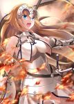  1girl :o absurdres armor armored_dress banner blonde_hair blue_eyes breasts commentary_request fate/grand_order fate_(series) fire flagpole gauntlets headpiece highres huge_filesize jeanne_d&#039;arc_(fate) jeanne_d&#039;arc_(fate)_(all) large_breasts long_hair solo sword takenoko_27074918 very_long_hair weapon 