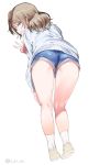  1girl ass bangs blue_eyes blue_shorts brown_hair eyebrows_visible_through_hair from_behind full_body grin half-closed_eyes hand_on_own_leg heel_up inu_(aerodog) kneepits leaning_forward legs long_sleeves looking_at_viewer looking_back love_live! love_live!_sunshine!! medium_hair panties panty_peek shoes short_shorts shorts simple_background smile socks solo standing sweater thighs twitter_username underwear upshorts w watanabe_you white_background white_footwear white_legwear white_sweater yellow_panties 
