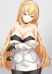  1girl arm_under_breasts asya azur_lane bangs bare_shoulders black_bra black_gloves black_legwear blonde_hair blue_eyes blush bra breasts choker cleavage collarbone commentary_request cross cross_choker eyebrows_visible_through_hair frown gloves grey_background hair_between_eyes hairband head_tilt highres jacket_pull large_breasts leotard_under_clothes long_hair long_sleeves looking_at_viewer military north_carolina_(azur_lane) pantyhose sidelocks simple_background skirt solo strapless strapless_bra underwear uniform white_hairband 