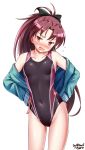  1girl artist_name black_ribbon black_swimsuit blue_jacket blush collarbone competition_swimsuit cowboy_shot dated eyebrows_visible_through_hair flat_chest hair_between_eyes hands_on_hips highres jacket long_hair long_sleeves looking_at_viewer mahou_shoujo_madoka_magica one-piece_swimsuit open_mouth ponytail redhead ribbon sakura_kyouko simple_background solo standing swimsuit swimsuit_under_clothes tsuchimiya white_background yellow_eyes 